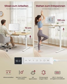 Secretária elétrica ajustável em altura com porta USB-C, 180 x 80 cm carvalho dourado e branco