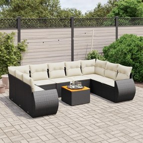 10 pcs conjunto sofás de jardim c/ almofadões vime PE preto
