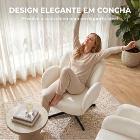 Poltrona de Sala Giratória Cadeira de Sala Estofada em Tecido Aveludado com Encosto em Forma de Concha Almofada com Molas Creme