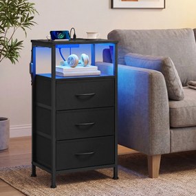 Mesa de cabeçeira com iluminação LED e base de carregamento 30 x 39,6 x 75,9 cm com 3 gavetas e compartimento aberto Preto