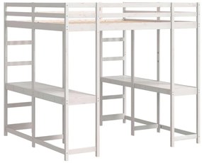 Cama alta c/ secretária e escada 200x200 cm pinho maciço branco