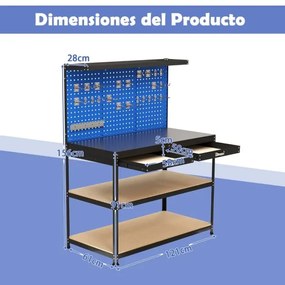 Mesa de trabalho metálica para ferramentas com painéis de perfuração de 3 furos Gaveta e Estantes 24 Ganchos 121 x 61 x 156 cm-Azul marinho