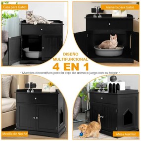 Caixa de areia para gatos com gaveta 2 portas Armário de cabeceira Caixa de areia Mesa de apoio 76 x 53 x 74 cm Preto