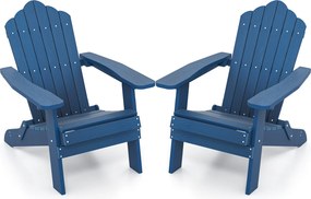 Conjunto de 2 cadeiras Adirondack dobráveis com braços largos, encosto inclinado, assento em ripas e capacidade para 180 kg, para terraço ou pátio, az