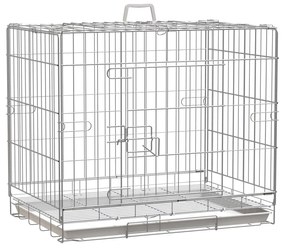 PawHut Gaiola Dobrável Metal Cães Bandeja Amovível Travão Compacta 61x43x50cm Prata Branco