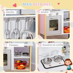 AIYAPLAY Cozinha Infantil de Madeira Cozinha para Crianças acima de 3 Anos com Altura Ajustável Luz Sons Lavatório Fogão Forno 60x30,5x93,2cm Branco e