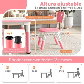 Conjunto de mesa para crianças e 4 cadeiras mesa regulável em altura com superfície de graffiti multifunções para arte e estudo Rosa