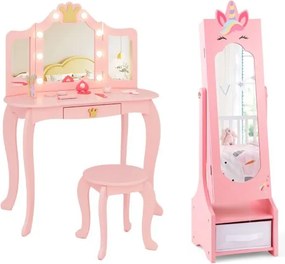 Conjunto de Toucador e armário para joias para meninas com espelho dobrável LED e espelho de corpo inteiro Rosa