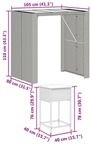 5 pcs conjunto de bar p/ jardim c/ almofadões vime PE cinzento