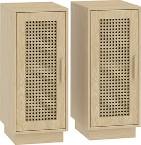 Conjunto de 2 Mesas de Cabeceira com Porta de Vime Mesas de Cabeceira Estilo Boho Prateleira Ajustável Madeira