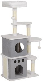 PawHut Arranhador para Gatos 126 cm com Caverna Plataformas Bolas Suspensas e Poste de Sisal 56x34x126 cm Cinza e Creme