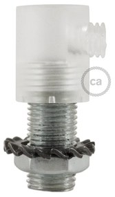 Transparent plastic round strain relief clamp  provided with threaded tube nut and washer.