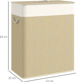 Cesto de roupa suja duplo com tampa 52 x 32 x 63 cm, cesto de roupa suja em bambu de 100 L com alças de corda creme