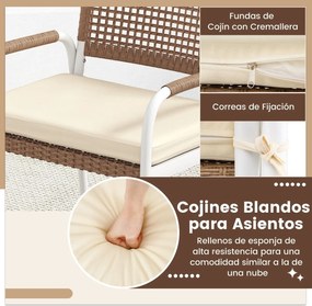 Conjunto de jardim de 4 peças: sofá de 2 lugares em rattan PE com 2 poltronas, almofadas e mesa em vidro temperado para varanda ou jardim, Castanho e