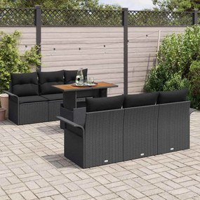 Conjunto de Sofá de Jardim de 7 Peças com Almofadas Rattan Preto e Acá