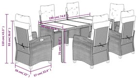 7 pcs conjunto de jantar p/ jardim c/ almofadões vime PE preto