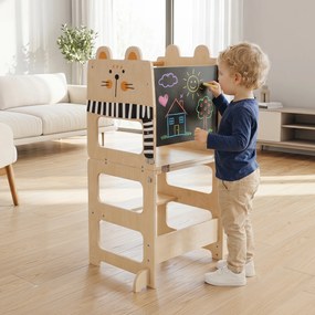 Torre de Aprendizagem Infantil 3 em 1, 63 x 39 x 93,5 cm, Convertível em Secretária e Banco, Natural