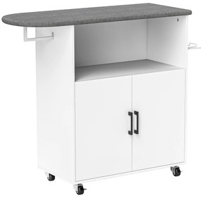 HOMCOM Móvel de Engomar a Ferro com Rodas Barra para Pendurar Roupa Estante Aberto e Tábua de Passar 125x43,5x102,5 cm Branco