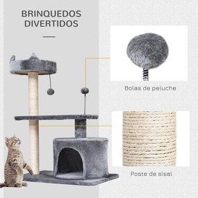 Árvore Arranhador para Gatos Médios com Cama Plataforma Caverna Poste de Sisal e Bolas de Brinquedo 60x40x81 cm Cinza