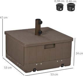 Base de peso para guarda-sol, mesa auxiliar, floreira com drenagem 53 x 53 x 47 cm DESIGN 3 EM 1, rodas, pegas em PE e metal castanho