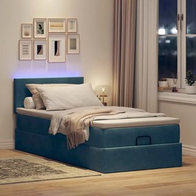 Estrutura cama otomana com colchão azul escuro 90x190cm veludo