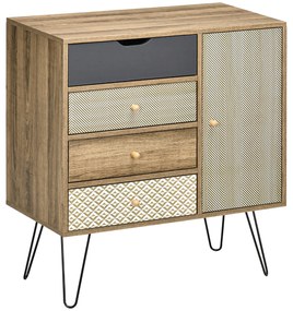 Cómoda com 4 Gavetas Gaveteiro de Madeira com Porta Prateleira Ajustável e Pés de Metal para Sala de Estar Dormitório Cozinha 79x39x86cm Castanho