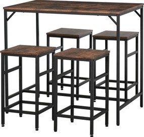 Conjunto de Mesa de Bar com 4 Bancos com Apoio para os Pés Mesa de 100x60x88cm e Bancos de 32x32x57cm Preto e Nogueira