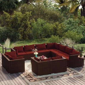 vidaXL 12 pcs conjunto lounge jardim c/ almofadões vime PE castanho