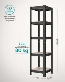 Estante arrumação 5 prateleiras cozinha, garagem 37 x 37 x 150 cm cinzento-preto