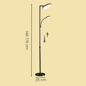 Candeeiro de pé LED com altura ajustável 25 x 25 x (148-176) cm, candeeiro de pé com luz de leitura preto