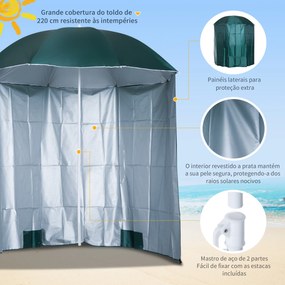 Chapéu de Sol de Praia com Painel Lateral Ø220x220 cm com Manivela Manual 8 Hastes de Aço e Bolsa de Transporte Verde