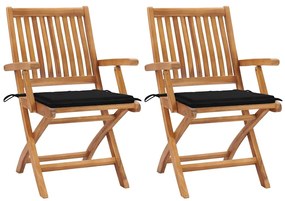 vidaXL Cadeiras de jardim c/ almofadões pretos 2 pcs teca maciça