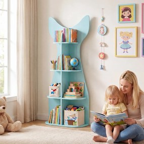 Estante infantil em forma de peixe com 8 compartimentos abertos para arrumação 48 x 20,5 x 120,5 cm, ideal para quartos infantis e creches Azul