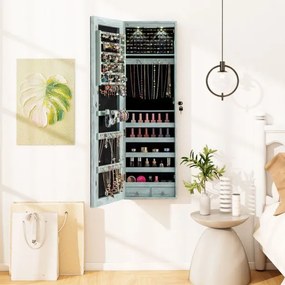 Armário de joias em madeira com espelho de parede e LED interno Organizador de porta ou parede com chave 35,5 x 10 x 120 cm Azul