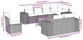 9 pcs conjunto sofás p/ jardim com almofadões vime PE cinzento
