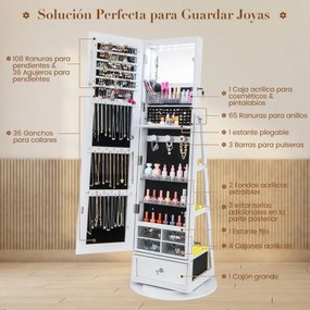 Espelho Armário para jóias rotativo a 360° com espelho, luzes LED, fecho e estante traseira branco