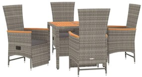 5 pcs conjunto de jantar p/ jardim c/ almofadões vime PE cinza
