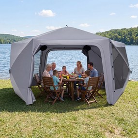 Tenda de Jardim Emergente de Seis Lados, 427 x 427 x 243 cm, Montagem Rápida, Cinzento