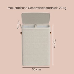 Cesto da roupa suja, 170 L com 2 compartimentos 56 x 40 x 75 cm bege cappuccino