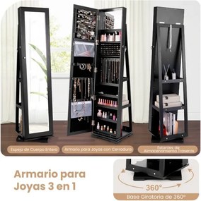 Armario jóias rotativo de 360° com espelho de corpo inteiro Organizador de jóias com espelho de maquilhagem 38 x 38 x 161 cm Preto