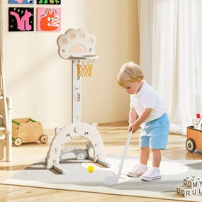 Cesto de basquetebol 3 em 1 para crianças a partir dos 3 anos com ajustável em altura com jogos de futebol e golfe  65 x 49 x 130-151 cm Bege