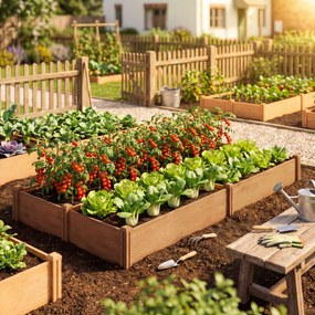 Floreira de madeira para horta, floreira elevada com 4 zonas de cultivo, fundo aberto, montagem sem ferramentas, 234 x 109 x 25 cm, castanho claro