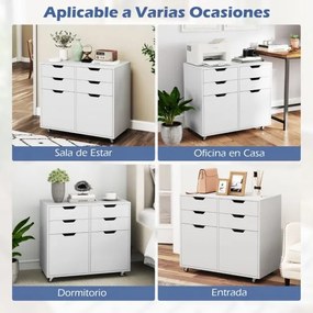Armário de arrumação multifuncional 73 x 40 x 64,5 cm com 4 gavetas e 2 portas com 5 rodas sala, quarto, escritório Branco