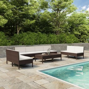 vidaXL 10 pcs conjunto lounge jardim c/ almofadões vime PE castanho
