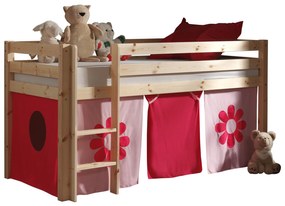 Conjunto Cama alta de Criança PINO 90 x 200 cm + estrado + escada + cortina Flores Natural