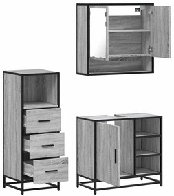 3 pcs Conjunto móveis casa de banho madeira proc. cinza sonoma
