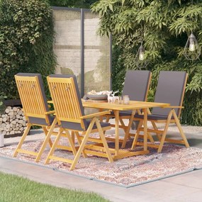 vidaXL 5 pcs conjunto jantar jardim + almofadões cinzentos teca maciça