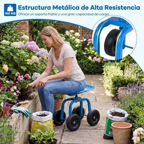Assento de Jardim com Rodas, 45 x 46,5 x 40-50 cm, Altura Regulável, Azul