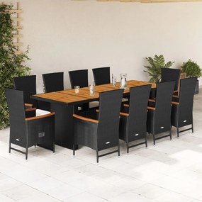 vidaXL 11 pcs conjunto de jantar p/ jardim c/ almofadões vime PE preto