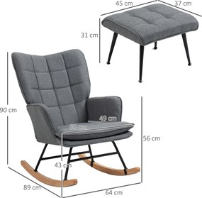 Cadeira de baloiço com apoio para os pés, rocking chair, assento largo, encosto alto, almofada incluída, 64 x 89 x 90 cm, cinzento